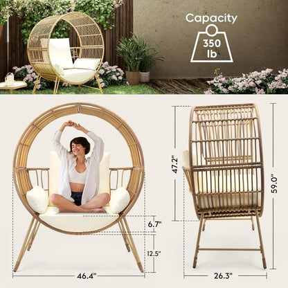 Outdoor Egg Chair, Oversized Wicker Patio Chairs with 6.69'' Cushions, 350LBS Capacity, Indoor Round Rattan Nest Chair with Sta