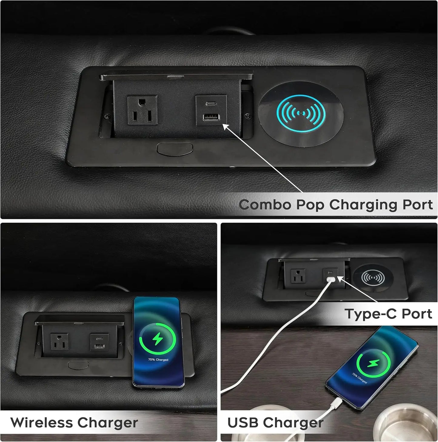 3 Seats Manual Reclining Sofa with Wireless Charger,LED Floor Lights, Drop-down Table, USB/Type-C Port (M073)