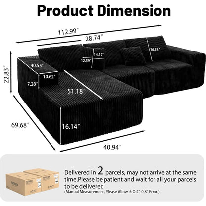 "High Backrest L-Shape Modular Sectional Sofa with Cloud Corduroy, Convertible Chaise for Left or Right Side, Bonel"