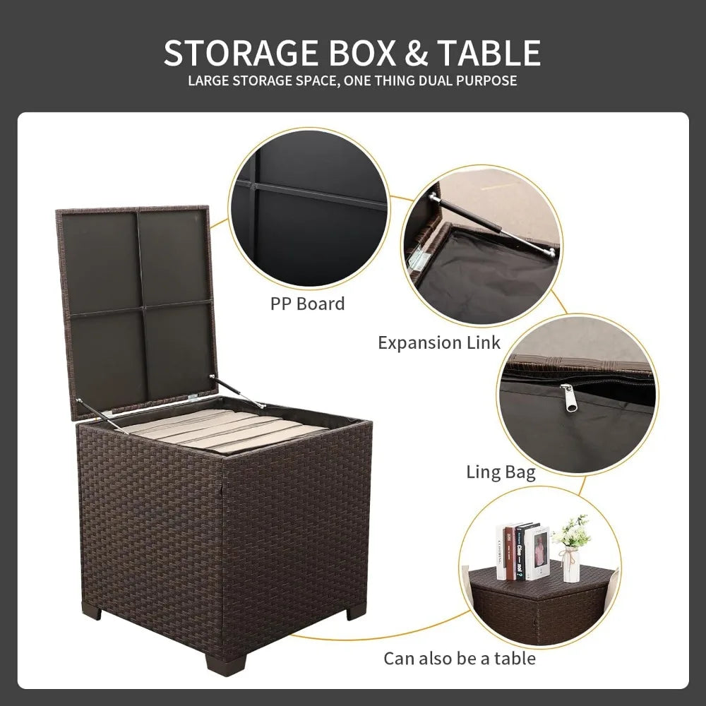 Outdoor Patio Furniture Set 4 Piece， Brown Rattan Sectional Sofa Couch PE Wicker Conversation Sets with Storage Box Glass Top Ta