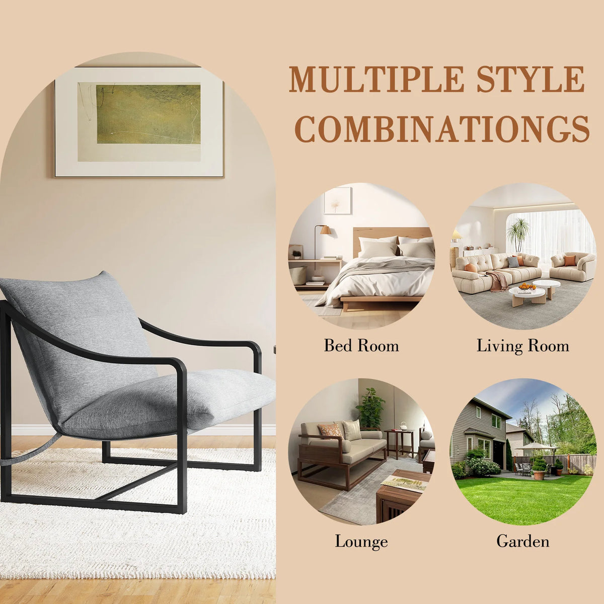 Mid-Century Modern Sling Accent Chair, Comfy Fabric Living Room Chairs with Heavy Duty Metal Frame, Lounge Reading Armchair