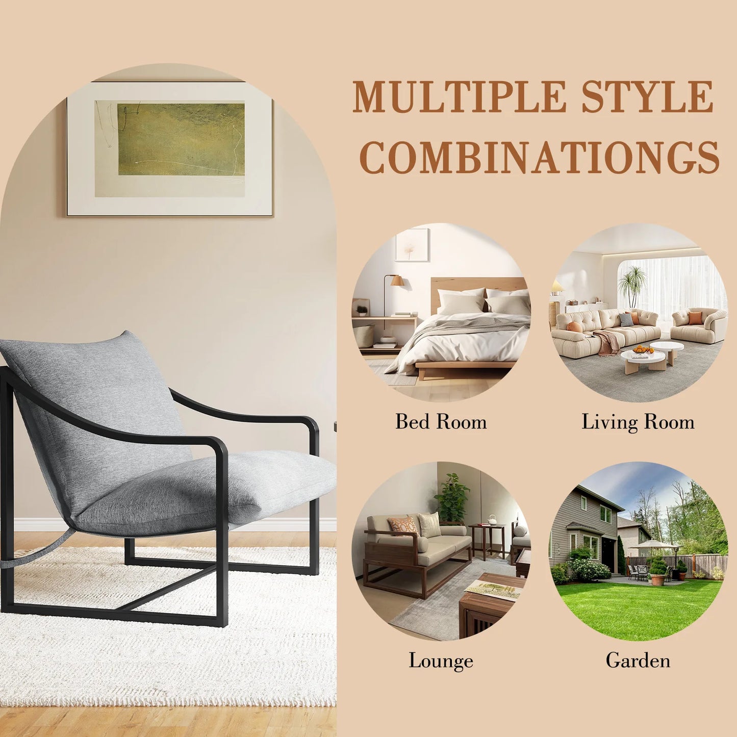 Mid-Century Modern Sling Accent Chair, Comfy Fabric Living Room Chairs with Heavy Duty Metal Frame, Lounge Reading Armchair