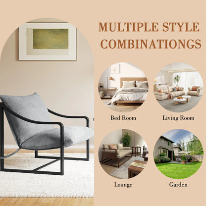 Mid-Century Modern Sling Accent Chair, Comfy Fabric Living Room Chairs with Heavy Duty Metal Frame, Lounge Reading Armchair