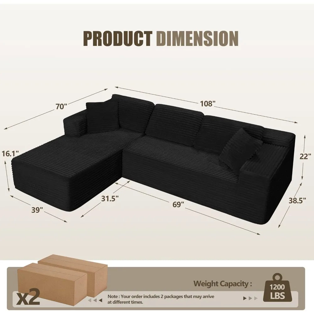 Modern Sectional Couch Sofa with L-Shape Chaise, Deep Seat Modular Living Room Furniture