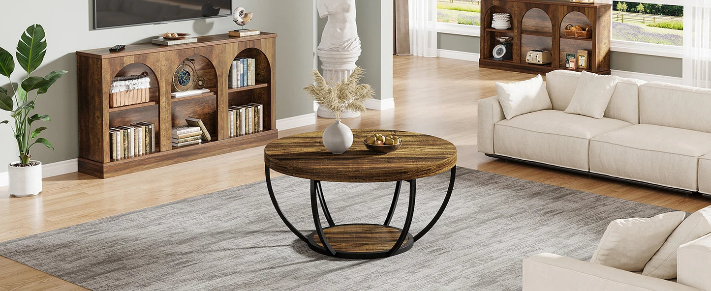 Tribesigns 31.7" Round Coffee Table, Industrial 2-Tier Circle Coffee Table with Storage Shelves, Modern Wooden Sofa Side Table