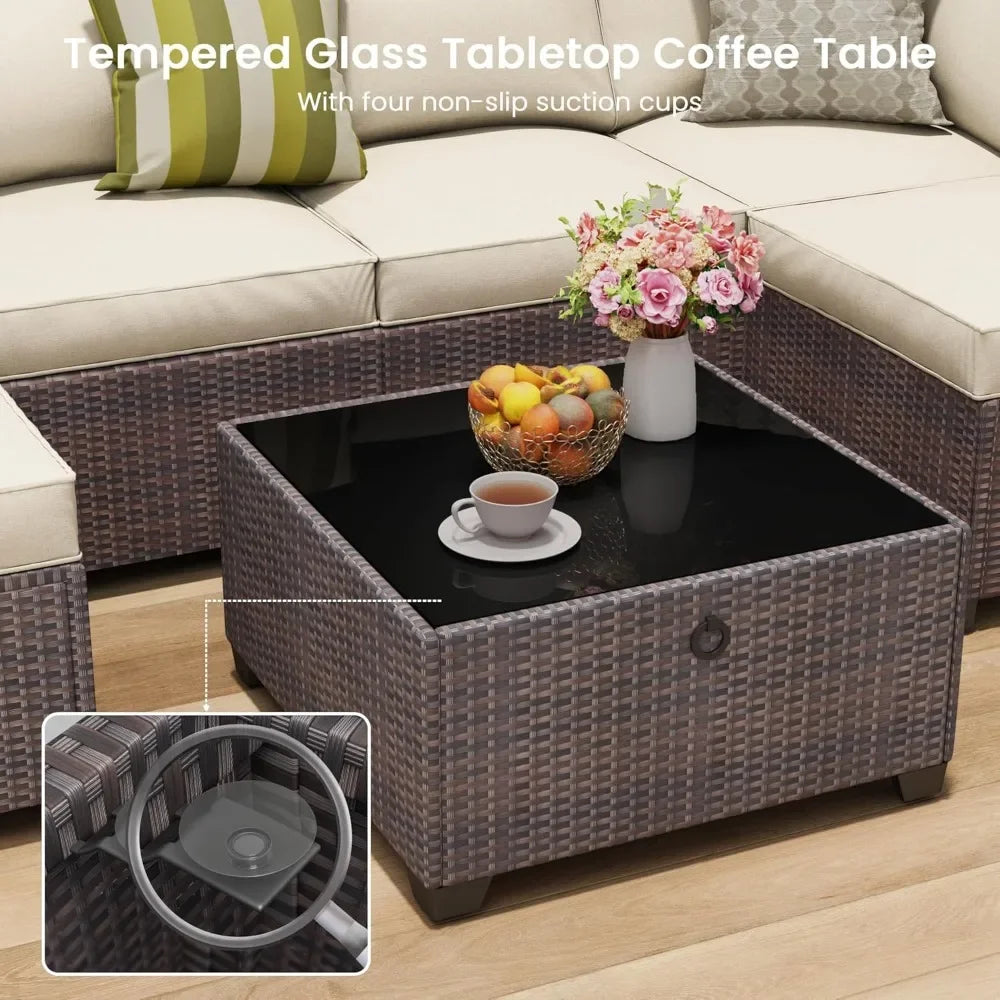 Seven Piece Patio Set, Rattan Wicker Sectional Sofa, Modern Modular Conversation Furniture