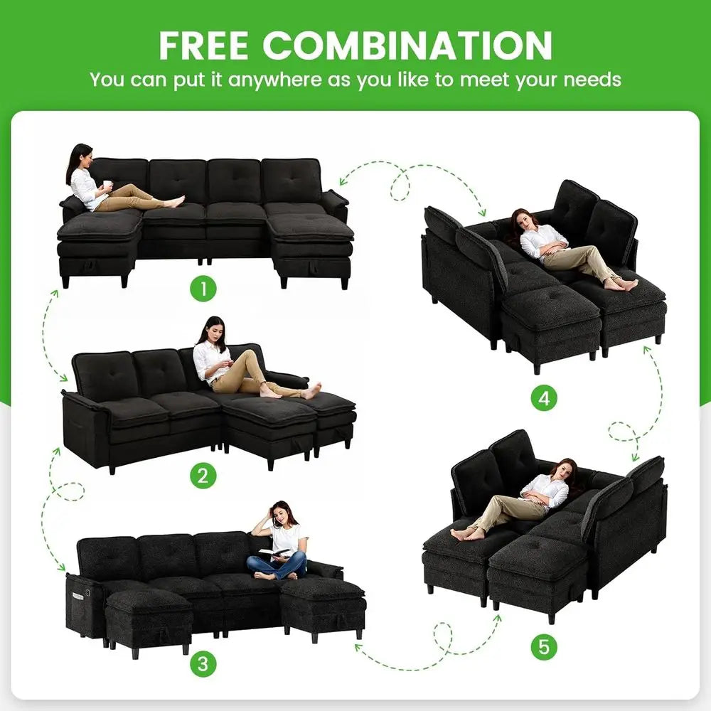 Sectional Couches with Charging, Storage Ottoman, 4-Seat LED U-Shape Sofa for Modern Living Rooms