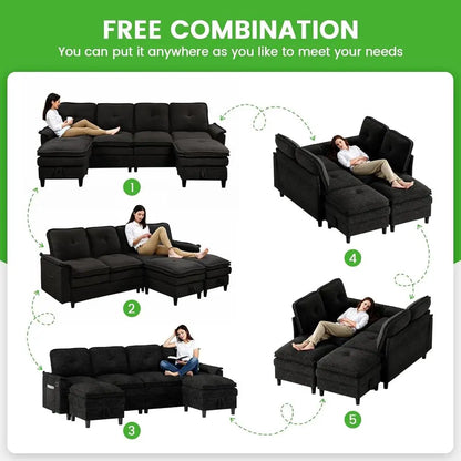 Sectional Couches with Charging, Storage Ottoman, 4-Seat LED U-Shape Sofa for Modern Living Rooms