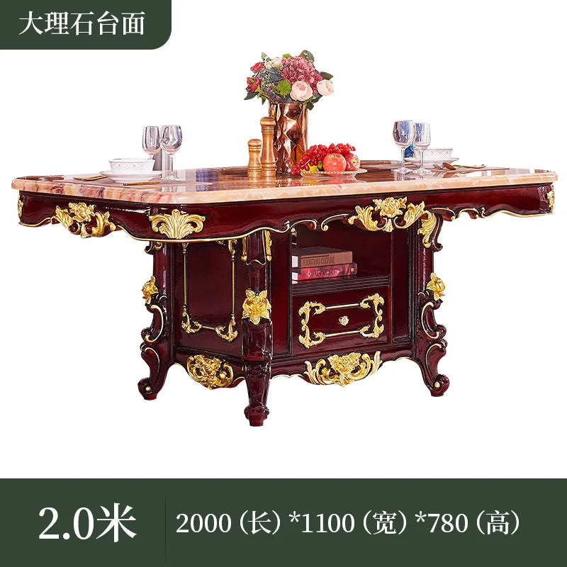 HLZ European Style Solid Wood Dining Table with Marble Top for Home Use, Villa Large Dining Table and Chair Set