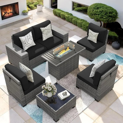 7 Piece Patio Furniture Set with Fire Pit Table, Outdoor Sectional Conversation Sets Wicker Rattan Sectional Sofa