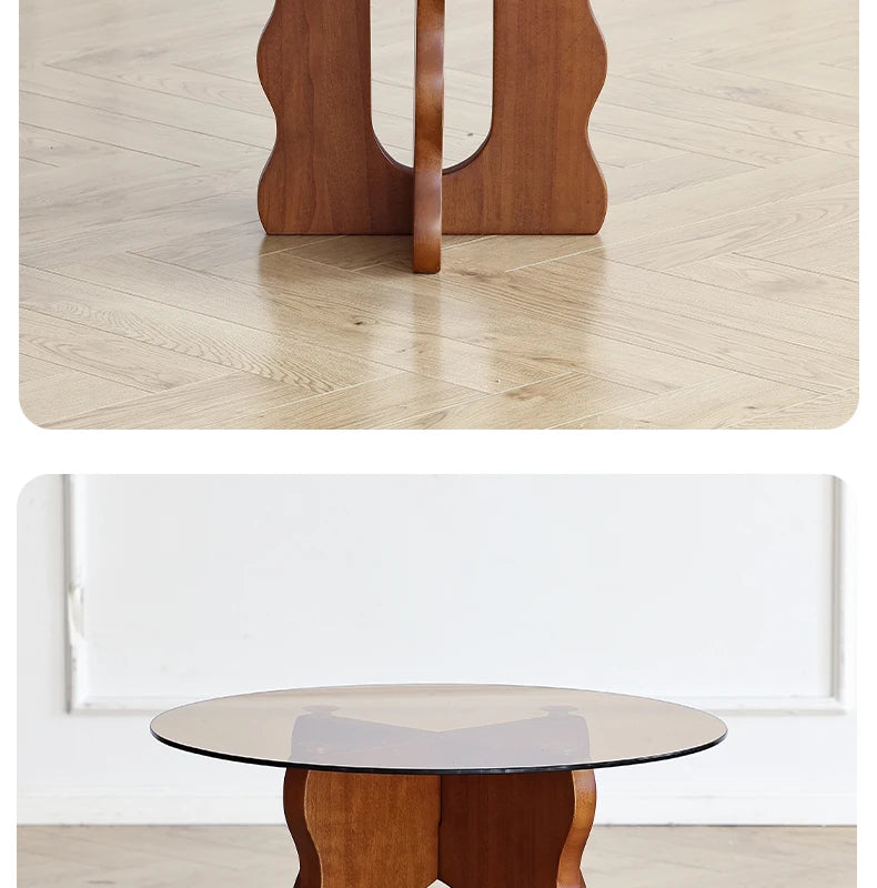 Table d'appoint nordique rétro à 13 pétales, bois massif, verre trempé, Table ronde créative