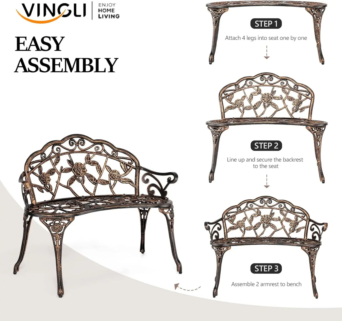Antique Bronze Garden Bench for Two, Cast Iron Frame with Weather-Resistant Finish, Perfect for Outdoor Patio Decor