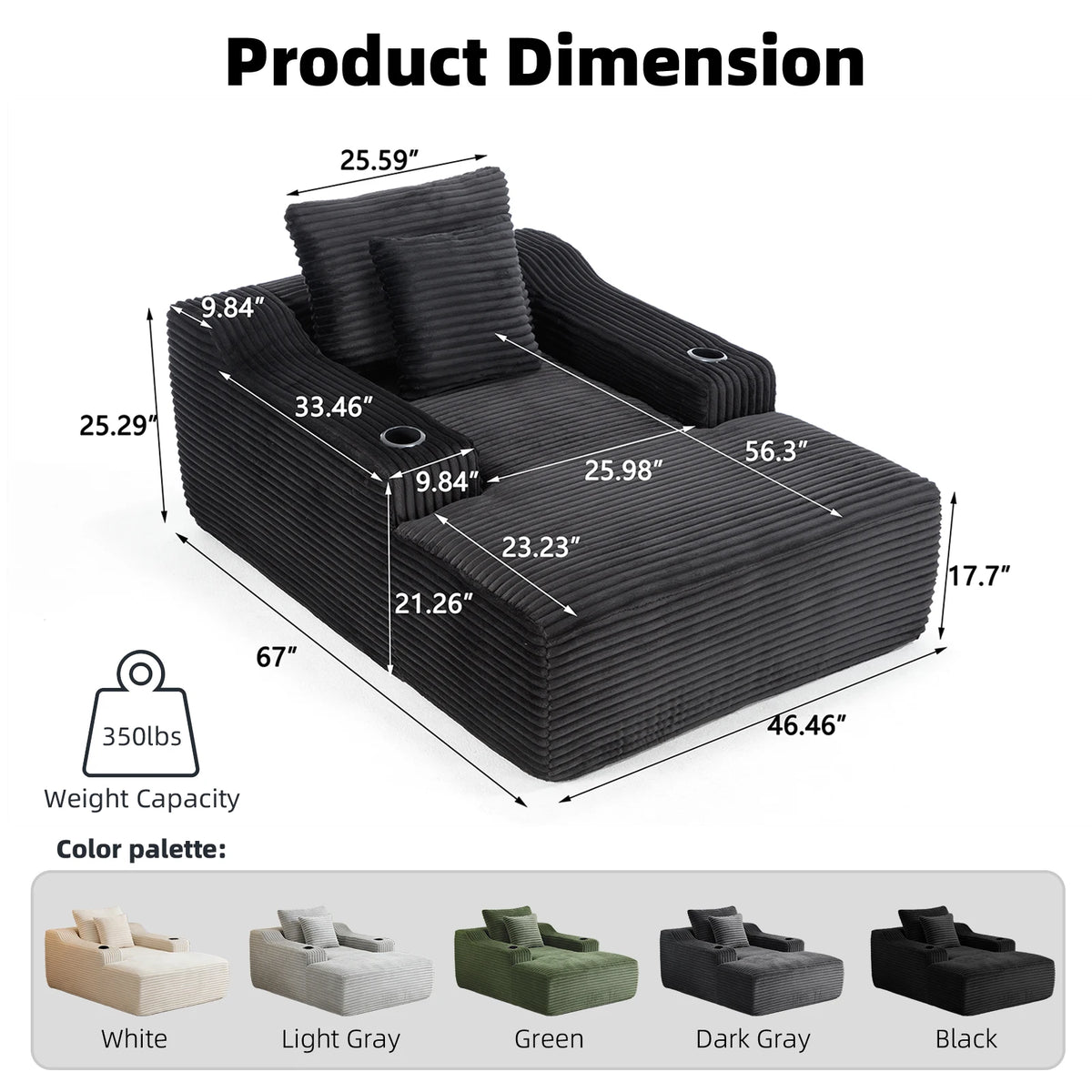 67 Inch Chaise Lounge Chair Indoor, Oversized Corduroy Upholstered Boneless Sofa Bed, Cloud Sofas Couches for Living Room