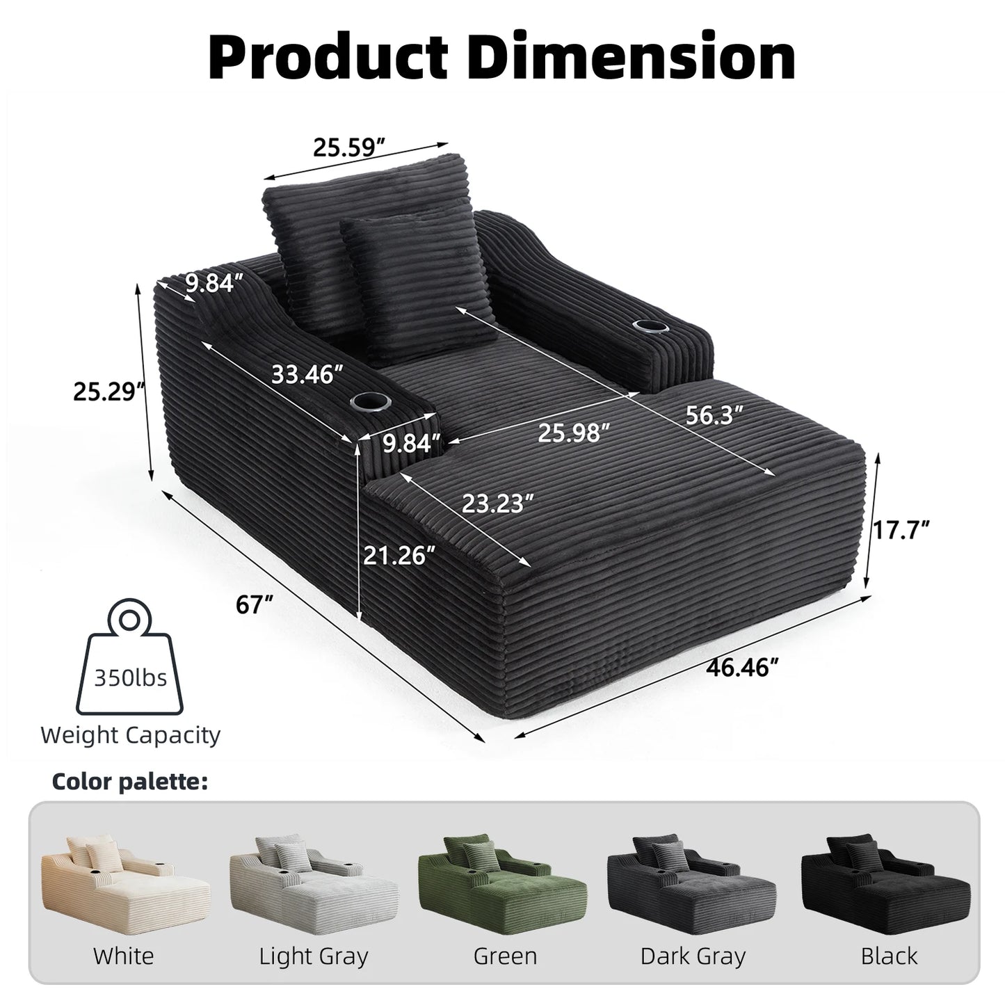 67 Inch Chaise Lounge Chair Indoor, Oversized Corduroy Upholstered Boneless Sofa Bed, Cloud Sofas Couches for Living Room