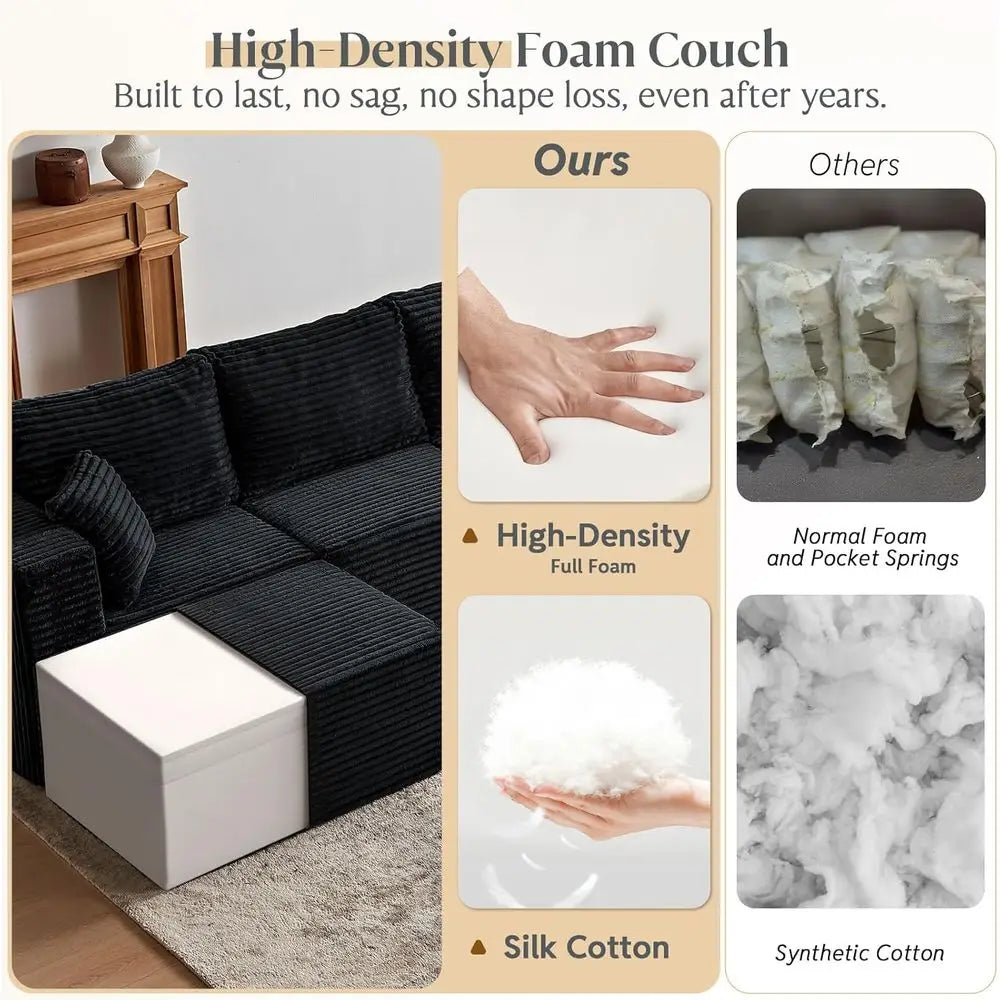 Modern Minimalist Sectional Sofa: L-Shape Cloud Couch with Deep Seats Right Chaise - Black