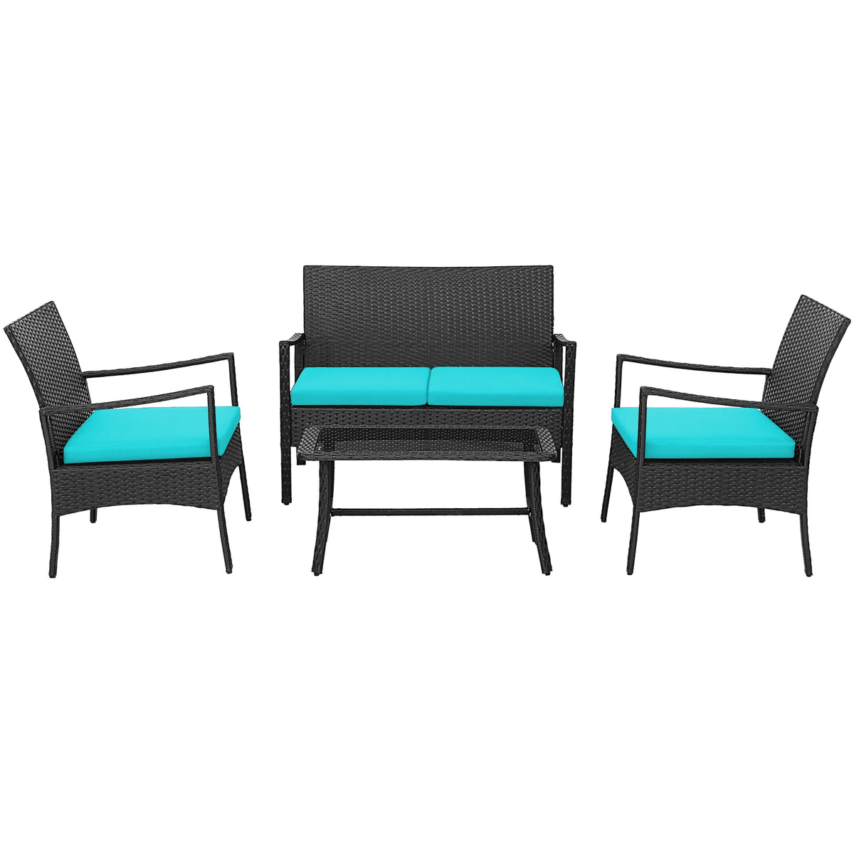 4PCS Patio Wicker Furniture Set Cushioned Chairs& Loveseat with Coffee Table Garden
