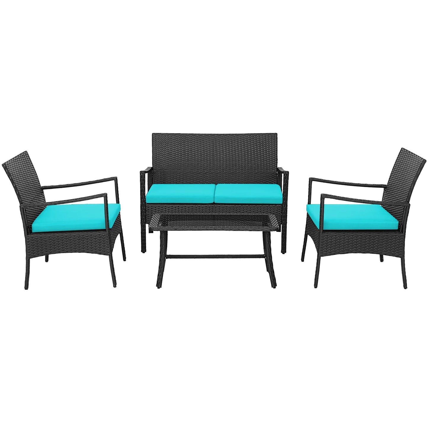 4PCS Patio Wicker Furniture Set Cushioned Chairs& Loveseat with Coffee Table Garden