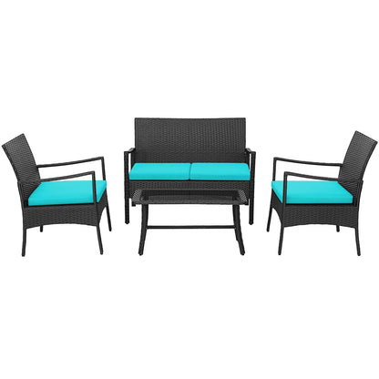 4PCS Patio Wicker Furniture Set Cushioned Chairs& Loveseat with Coffee Table Garden
