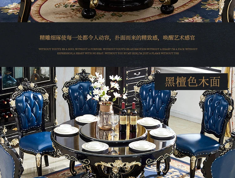 HTT marble dining table and chair combination carved round table for household8 people round  with turntable furniture