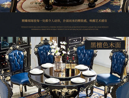 HTT marble dining table and chair combination carved round table for household8 people round  with turntable furniture