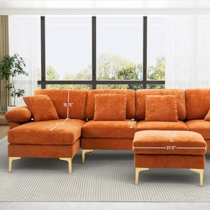 U Shaped Sectional Sofa Couch Set for Living Room Convertible Velvet with Chaise Lounge Ottoman and Pillows