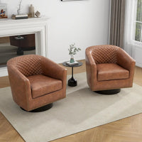 Faux Leather Swivel Barrel Accent Chairs Set of 2, Upholstered Armchair Club Chair for Living Room, Round Comfy Single Sofa Bedr