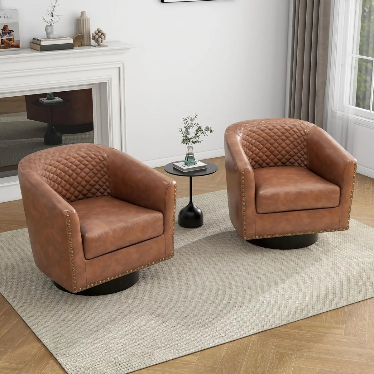 Faux Leather Swivel Barrel Accent Chairs Set of 2, Upholstered Armchair Club Chair for Living Room, Round Comfy Single Sofa Bedr