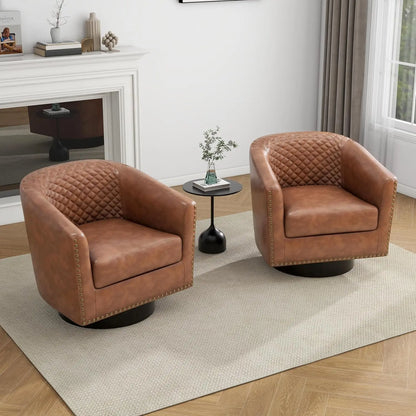 Faux Leather Swivel Barrel Accent Chairs Set of 2, Upholstered Armchair Club Chair for Living Room, Round Comfy Single Sofa Bedr