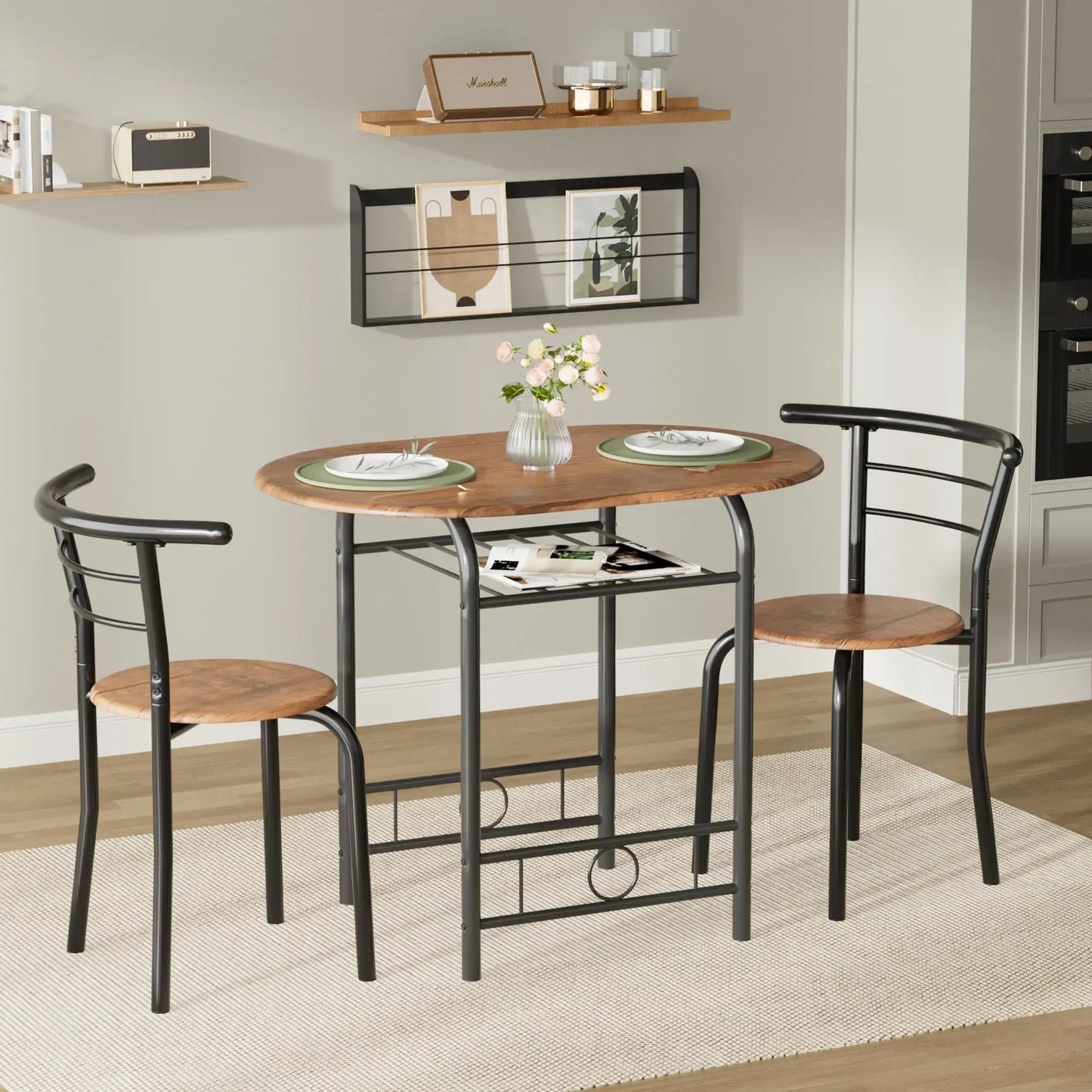 Vineego 3-Piece Small Kitchen Dining Set for 2 Black Wooden Table And Chairs Space Saving Breakfast Set