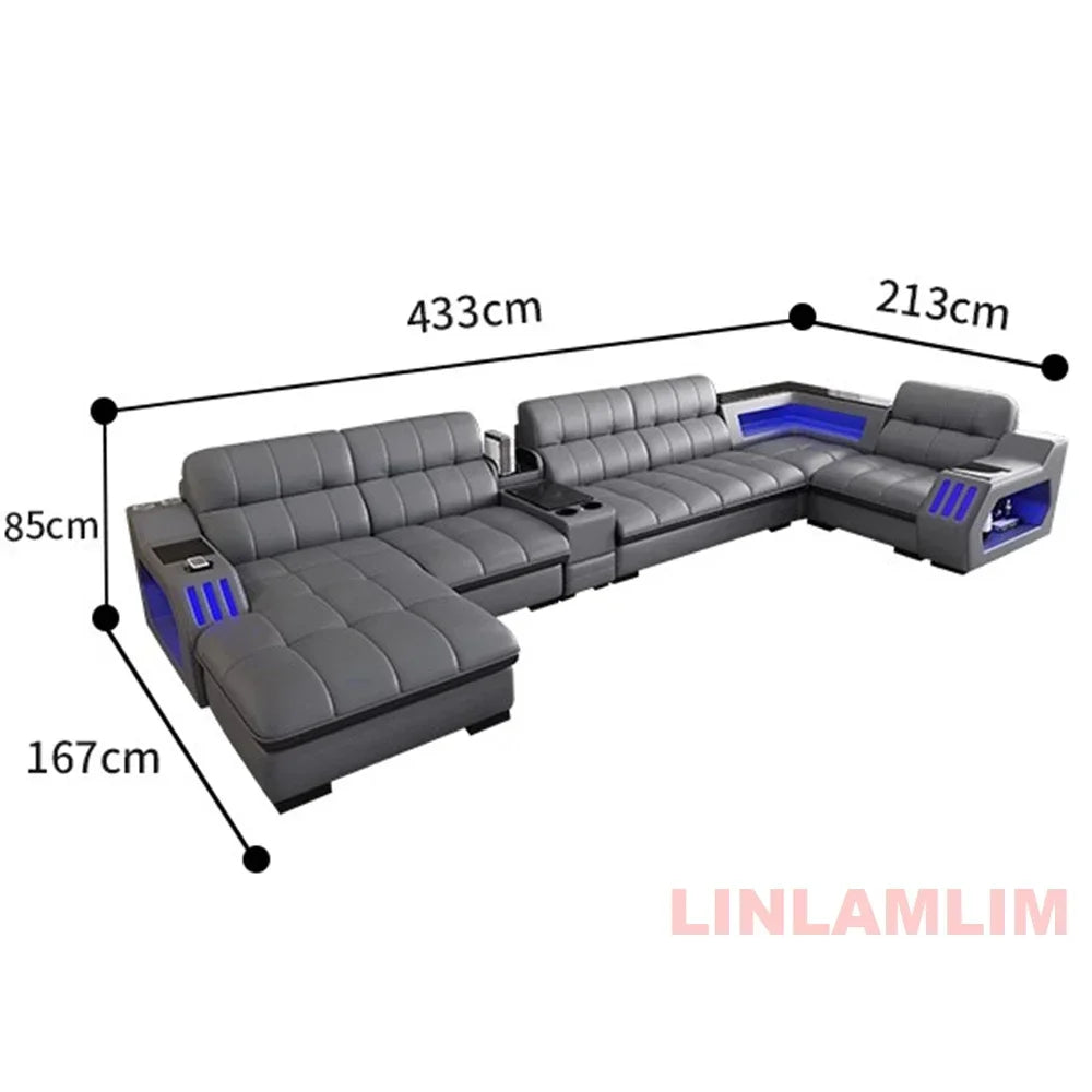 Modern Sectional Sofa Bed with LED Light, Electric Recliner and Massage，Living Room Genuine Leather Couch
