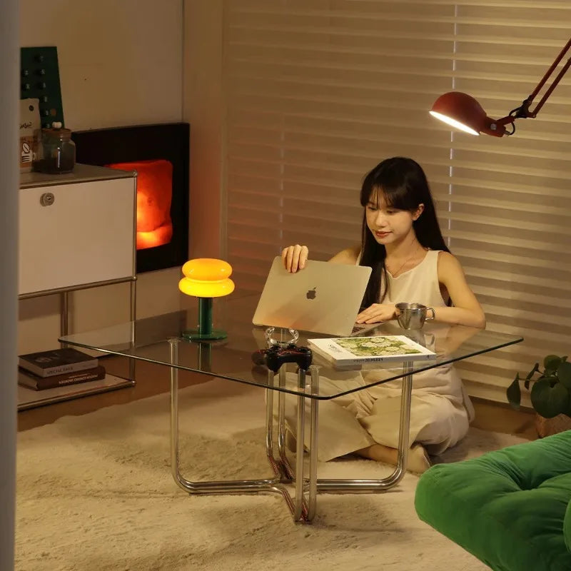 Retro Glass Coffee Table, Square Mid-Century Accent Table, Living Room Home Decor Furniture Side Tables