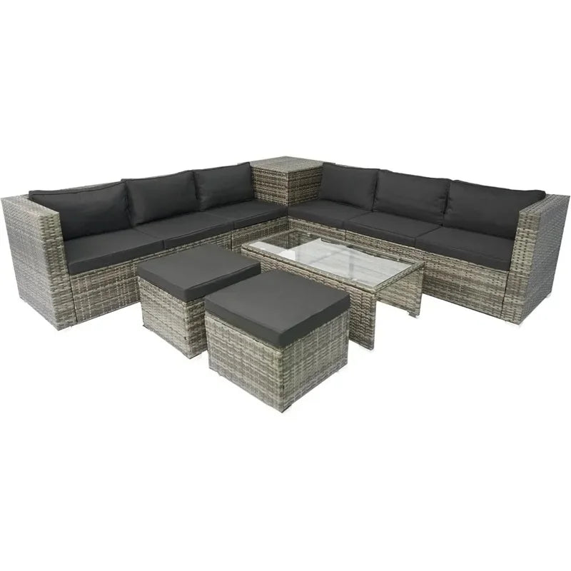 8-Piece Patio Sectional Wicker Rattan Outdoor Sofa Set with Storage Box and Cushion Box, Grey Wicker, Black Cushions, Clear
