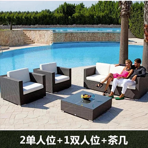 Outdoor rattan sofa, rainproof and sunscreen woven three piece set, tea table combination, outdoor furniture