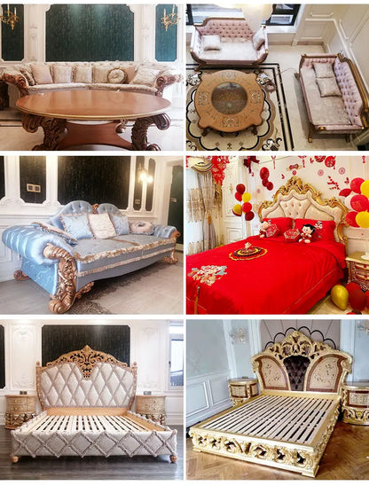 French Royal Baroque Dining Set — Hand-Carved Solid Wood Table with Upholstered Chairs, Luxury Gold for Villa/Hotel