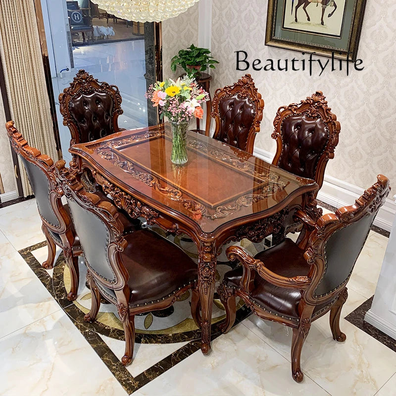 European-style all-solid wood dining table and chairs, living room, luxury villa home square table, French glass dining table