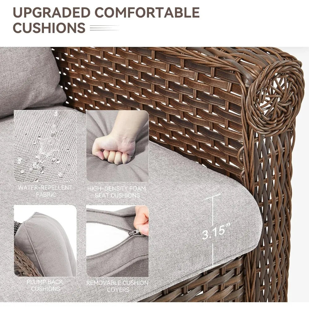 Brown Rattan Outdoor Wicker Loveseat with Chrysanthemum Arms and Water-Resistant Cushions for Patio and Balcony Garden Use