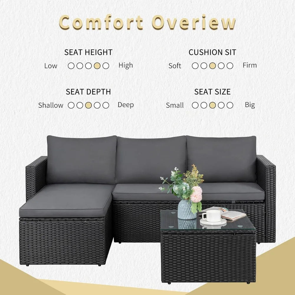 Patio Furniture Set 3 Piece Outdoor Sectional Patio Sofa, All-Weather Wicker Rattan Outdoor Furniture Set with Glass Table and