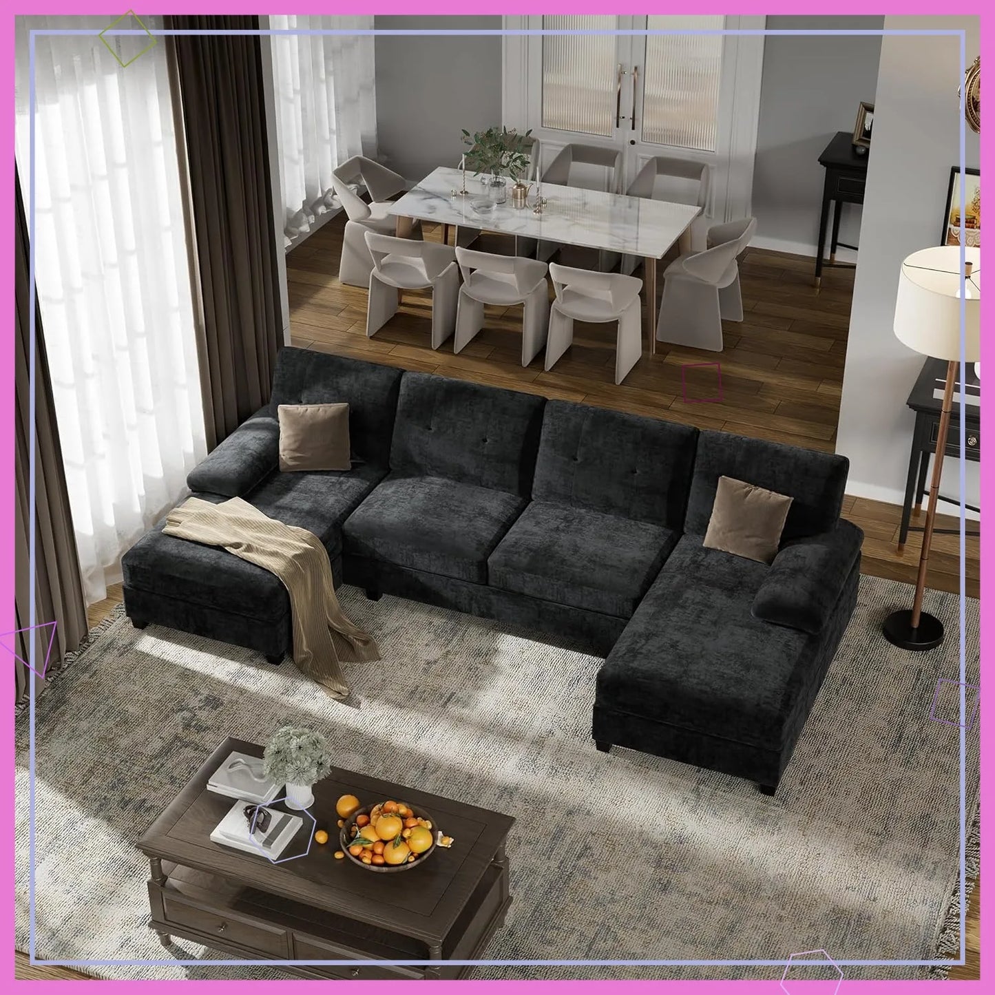 U-Shaped Sectional Sofa, Convertible Modular Couch with Double Chaise, 4-Seater Living Room Furniture, Black