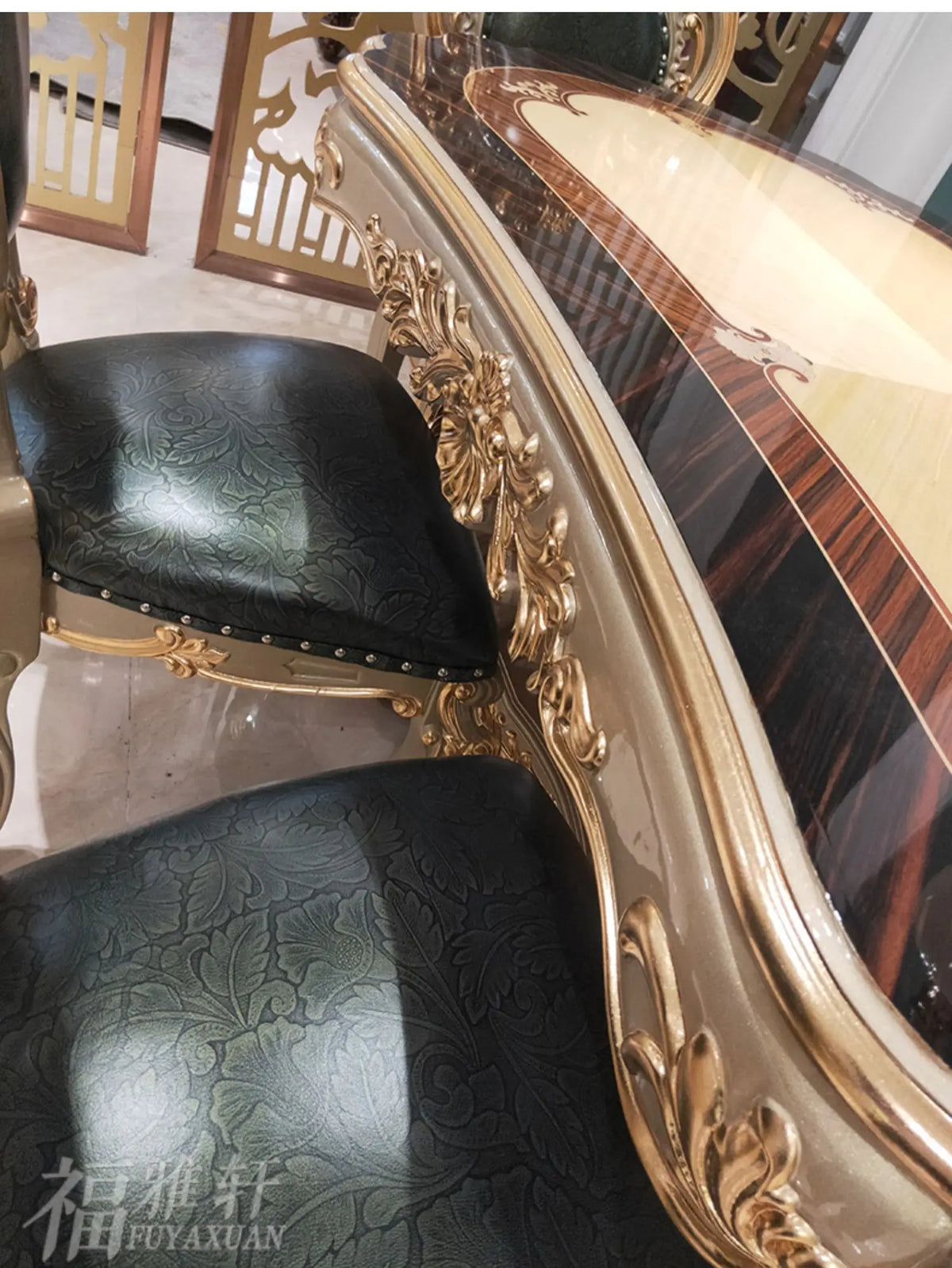 European oval 1.8 meters long dining table and chairs combination villa solid wood carving flower atmosphere dining table