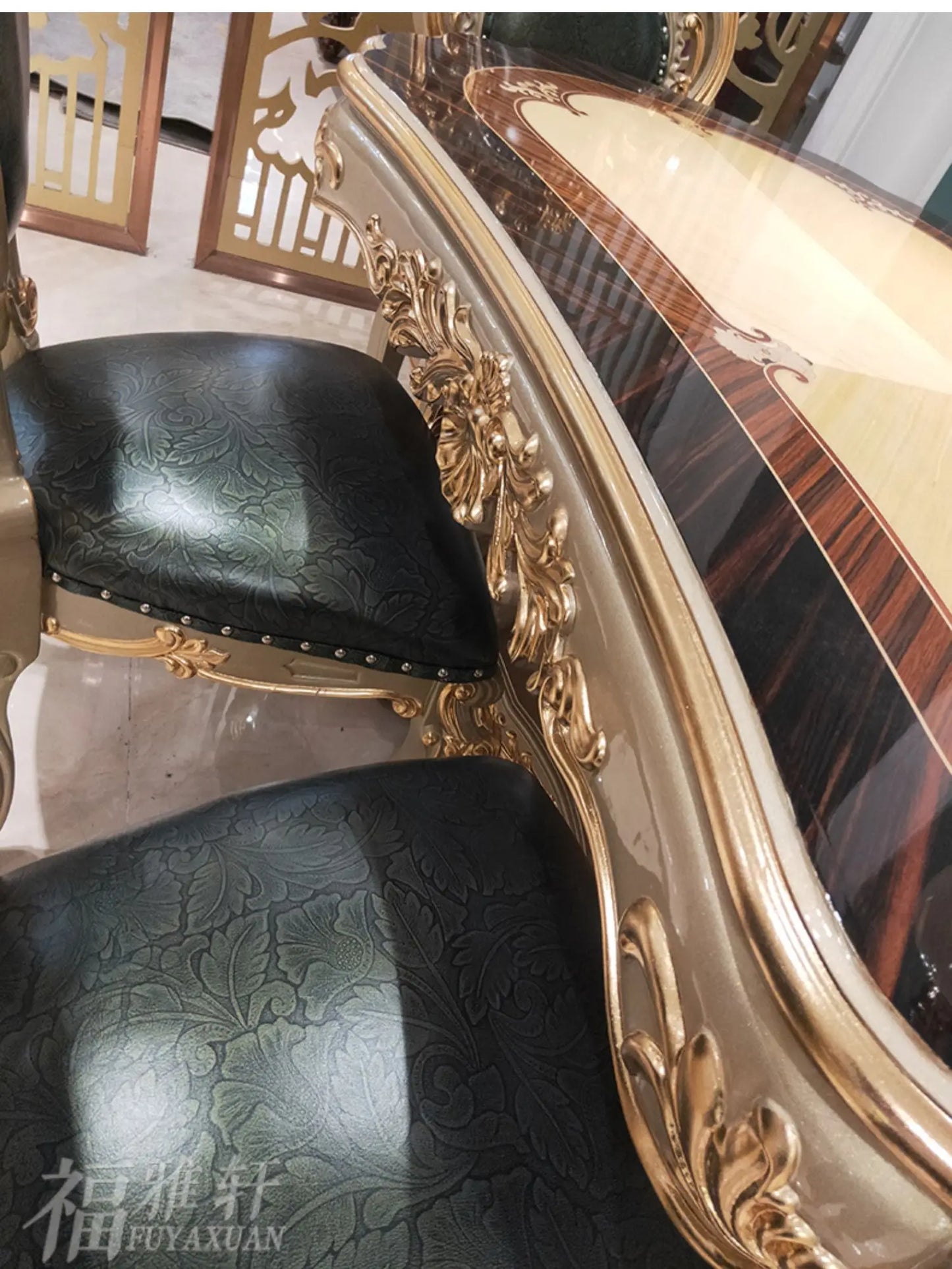 European oval 1.8 meters long dining table and chairs combination villa solid wood carving flower atmosphere dining table