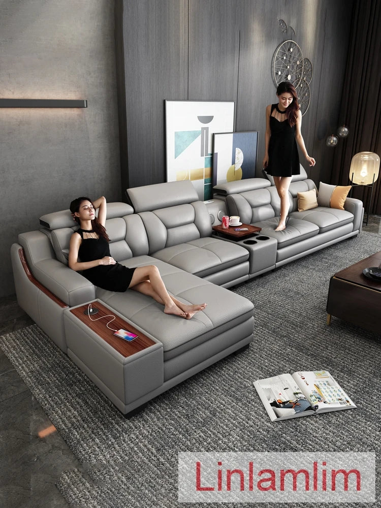 Beautify Your Living Room with Linlamlim Italian Genuine Leather Sofa - Bluetooth Speaker, Adjustable Headrests and USB Charging