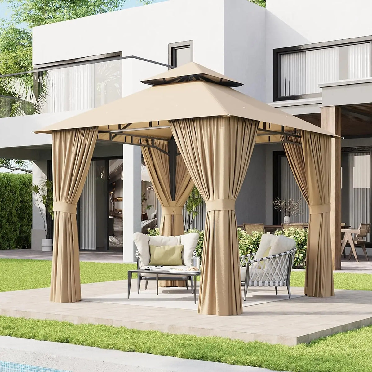 8x8 Gazebo with Curtain & Mosquito Netting Outdoor Heavy-Duty Party Tent with Double Roof, Patio Tent with Zipper, Custom