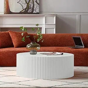 Round Coffee Table, Modern Black Side Table End Table for Living Room, Wood Circle Drum Coffee Table with Handcrafted Relief, Co