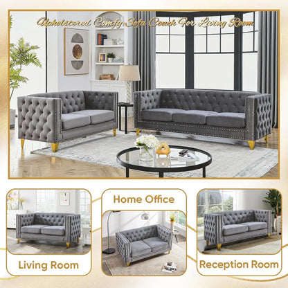 [Best Seller!]Velvet Living Room Sofa Set of 2, Comfy Loveseat and 3 Seater Couch, Modern Sofa with Tufted Back and Rivet Decora