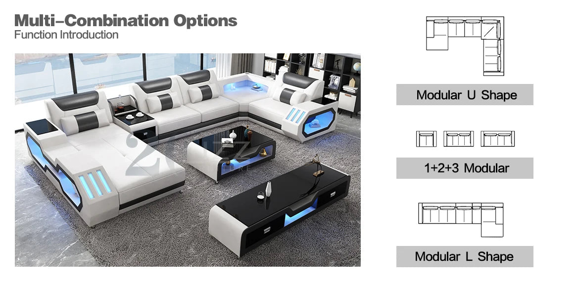 Modern Design Leather Couch Sectional Living Room Sofa Set Furniture with LED