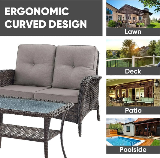 [Free Shipping!]Outdoor Loveseat Sofa 2-Seat PE Wicker Outdoor Couch with Coffee Table,Deep Seat High Back Outdoor Patio Furnitu