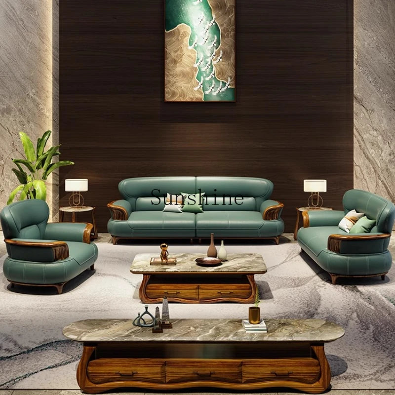Leather sofa modern high-end villa living room 123 combination solid wood furniture simple and modern