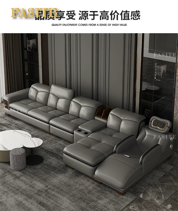 Premium Smart leather sofa massage for left and right noblewomen, cowhide solid wood living room corner small unit