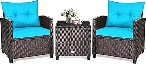 3 Piece Patio Furniture Set, Outdoor Conversation Set with Washable Cushions & Tempered Glass Tabletop, PE Rattan Wicker Bistro