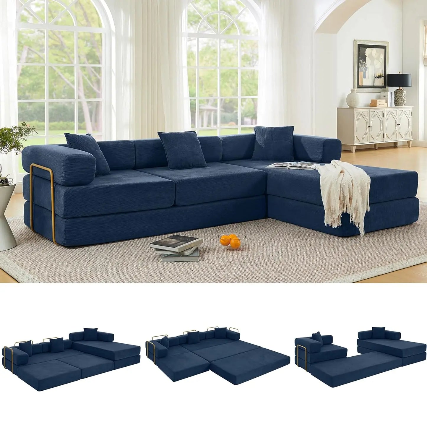 108" Oversize Convertible Sleeper Sectional Sofa Bed Corduroy L Shape Folding Frame Modular Living Room Black, Customized
